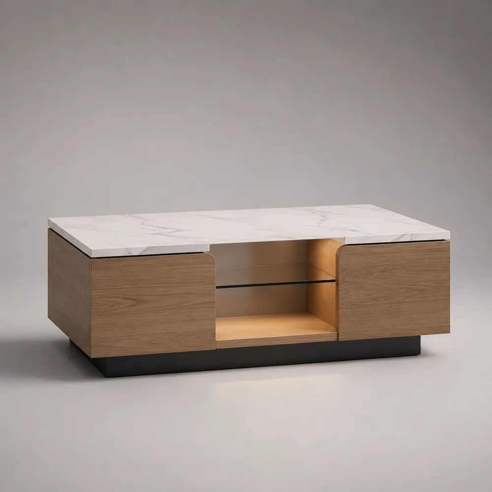 Tavolino da salotto rettangolare con contenitore, piano in ceramica effetto marmo, struttura in MDF effetto rovere e ripiano in vetro, bianco, marrone chiaro e nero, 120 x 60 x 45 cm