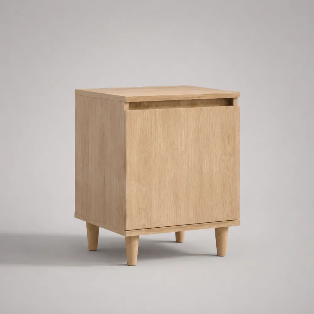 Comodino rettangolare in legno e MDF, finitura rovere naturale, con anta e vano portaoggetti, 45 × 40 × 60 cm