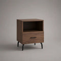 Comodino rettangolare in legno con cassetto, vano aperto e gambe in acciaio nero, effetto noce, 45 x 40 x 60 cm