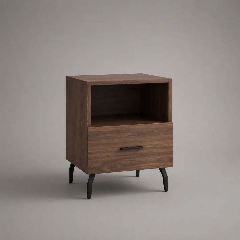 Comodino rettangolare in legno con cassetto, vano aperto e gambe in acciaio nero, effetto noce, 45 x 40 x 60 cm