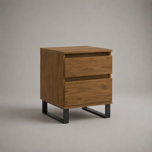 Comodino rettangolare in legno e acciaio nero con 2 cassetti, rovere naturale, 45 × 40 × 55 cm