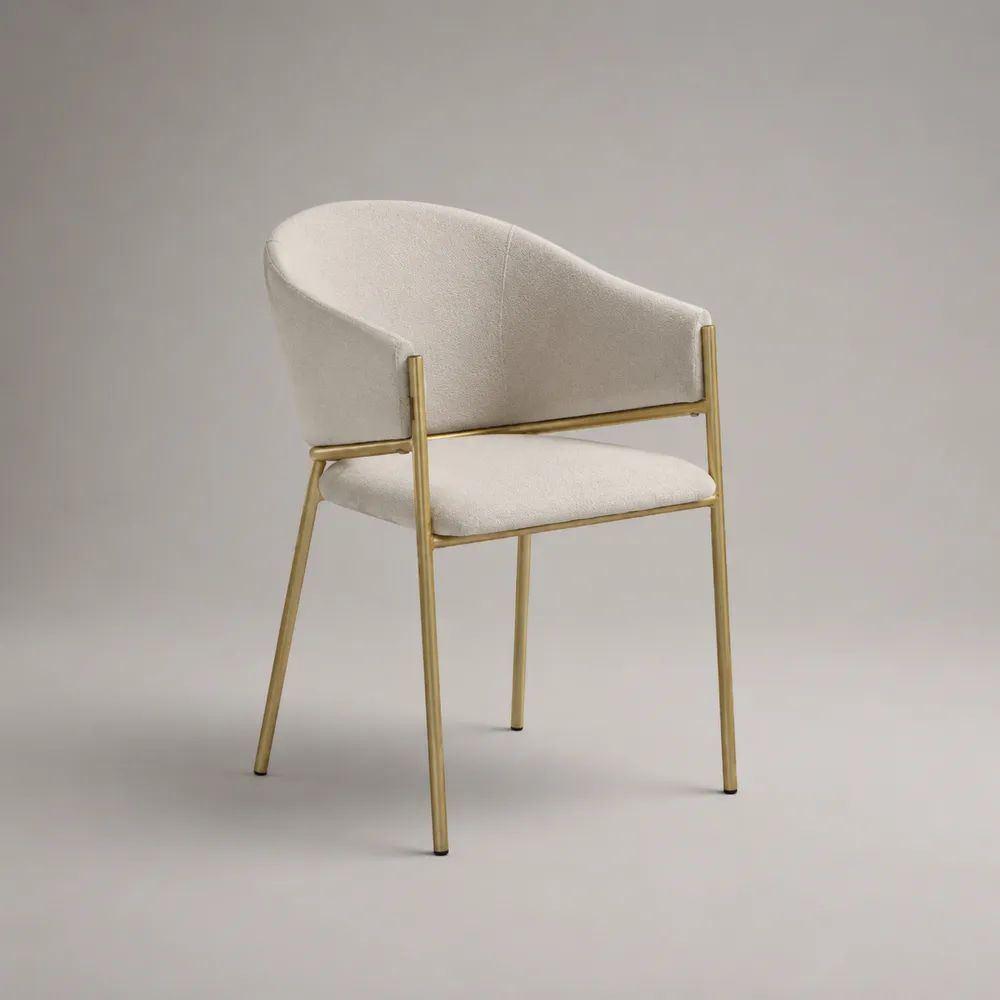 Sedia da pranzo imbottita con braccioli, schienale curvo in tessuto bouclé e struttura in acciaio, 58 x 58 x 80 cm, bianco crema e oro
