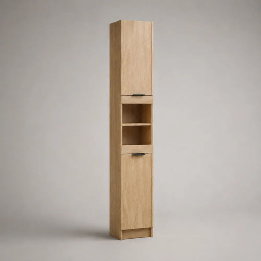 Colonna alta in legno con 2 ante e 2 vani aperti, Rovere naturale/Nero, 30 × 30 × 190 cm