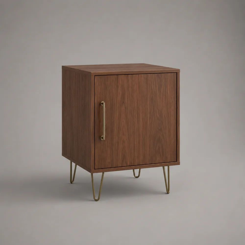 Comodino rettangolare con anta in MDF effetto noce e gambe in acciaio color ottone, 45 x 40 x 60 cm