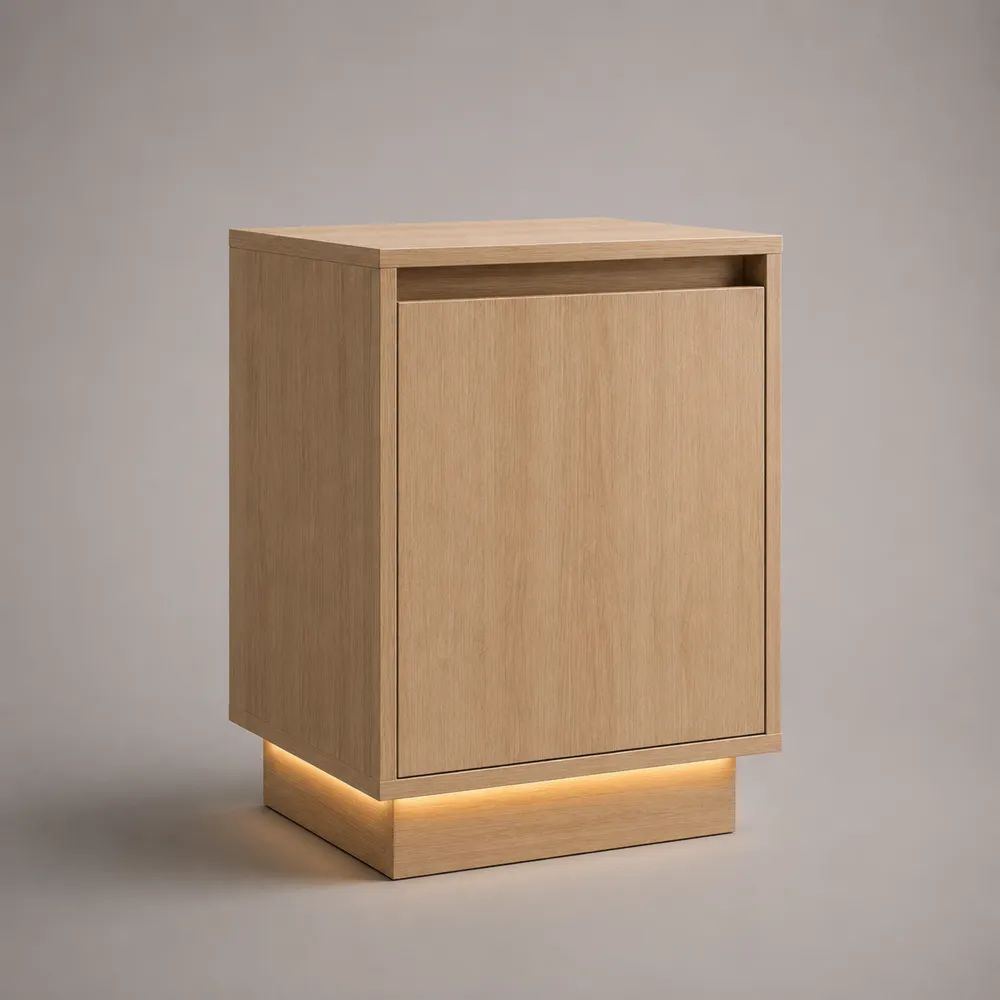Comodino rettangolare in MDF effetto legno con anta, vano aperto e luce LED, rovere chiaro, 45 x 40 x 60 cm