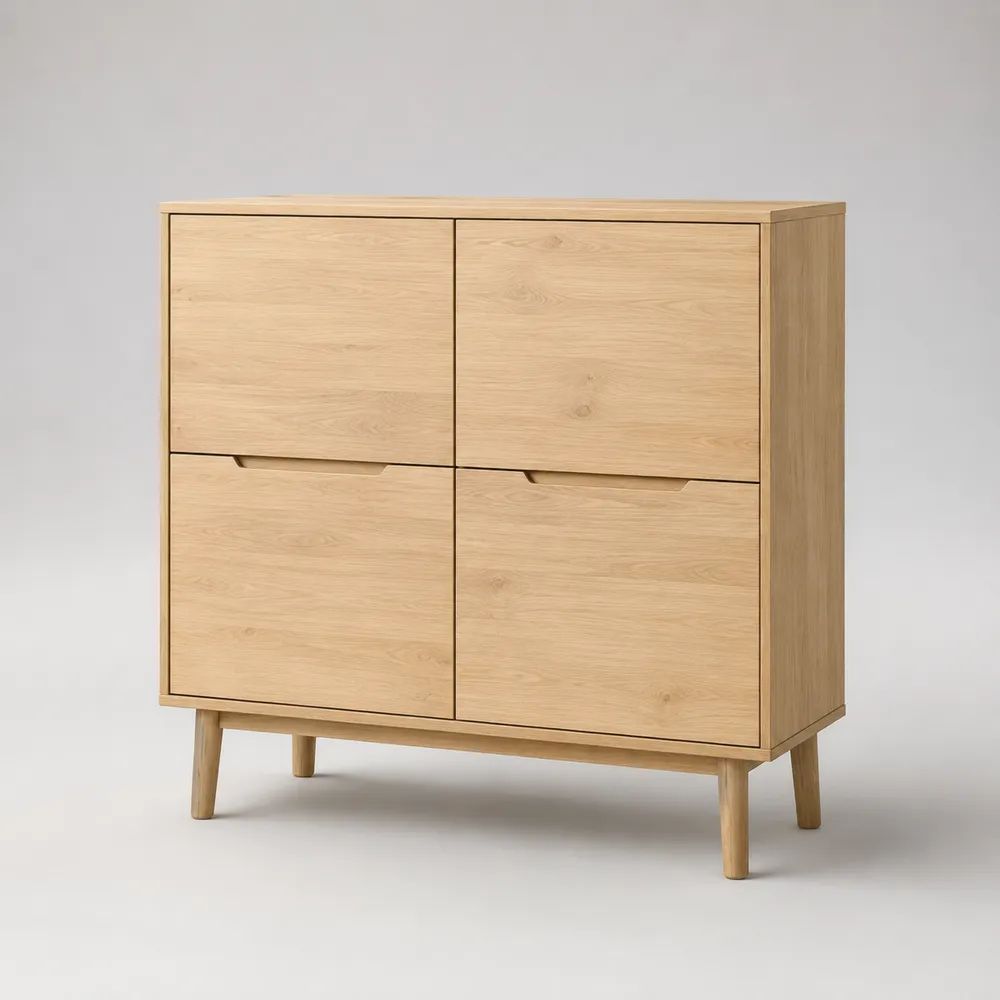 Credenza alta in legno con 4 ante e gambe, rovere naturale, 100 × 40 × 100 cm