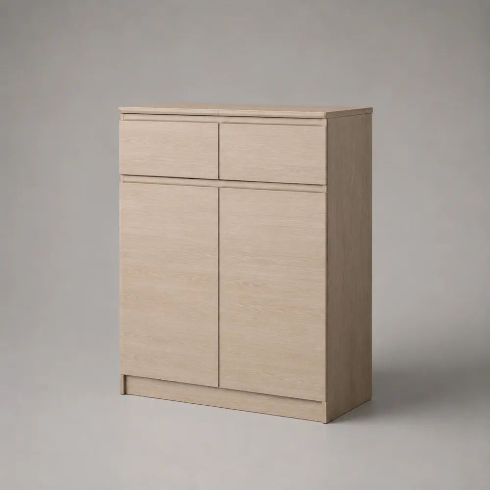 Credenza alta in pannello truciolare melaminico con 2 ante e 2 cassetti, rovere chiaro, 90 × 40 × 120 cm