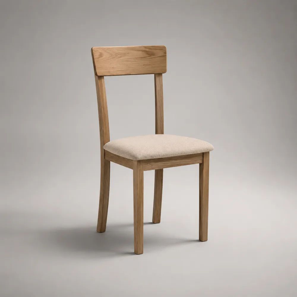 Sedia da pranzo in rovere massello con seduta imbottita beige e schienale rettangolare, 45 × 52 × 83 cm