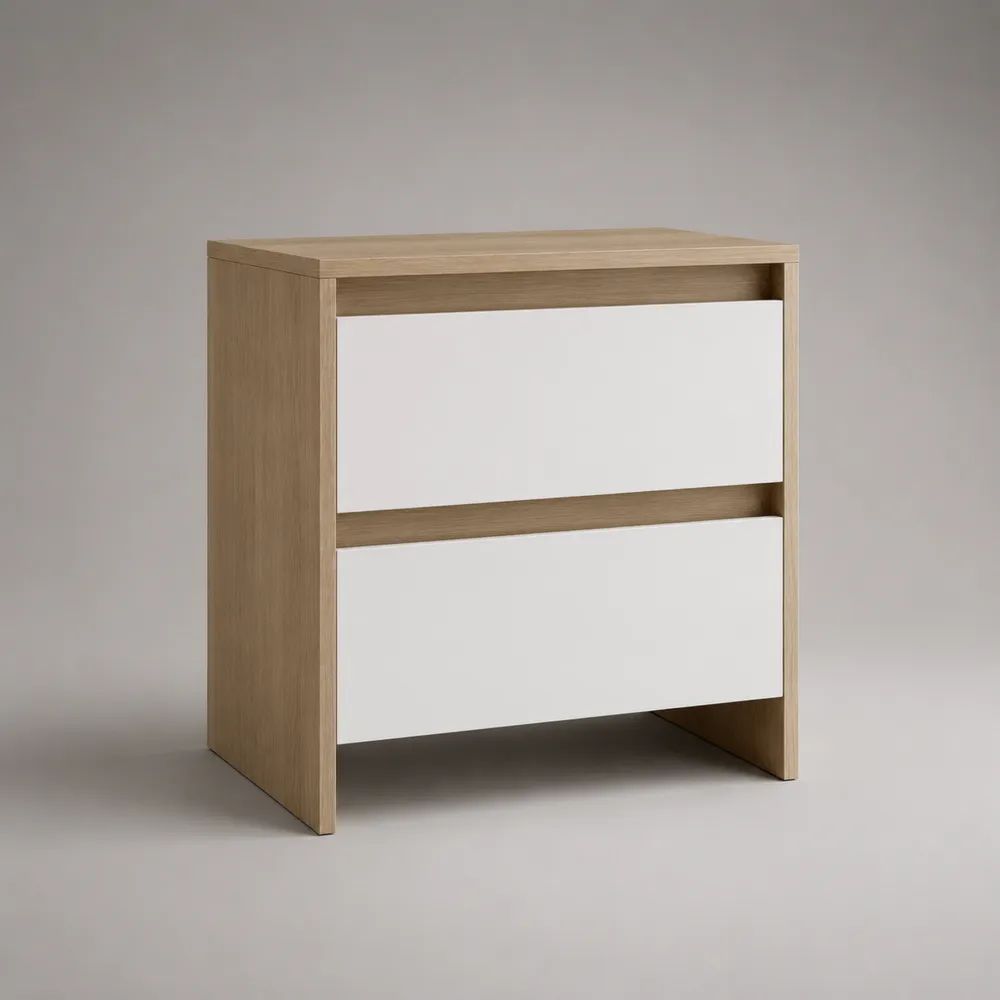 Comodino rettangolare in truciolare e MDF con 2 cassetti, rovere chiaro e bianco, 40 x 35 x 50 cm