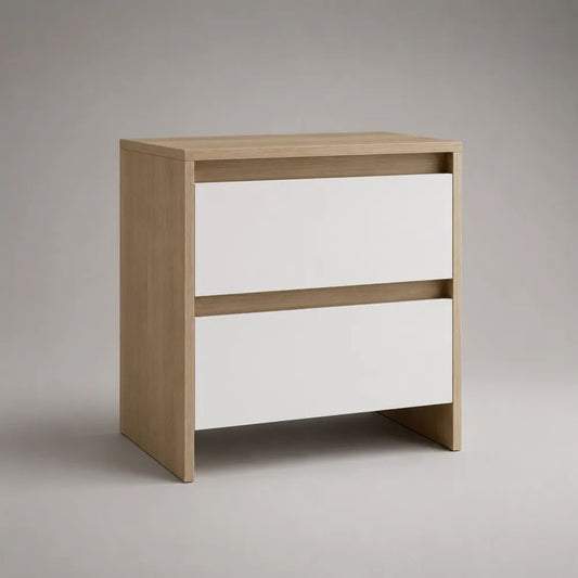 Comodino rettangolare in truciolare e MDF con 2 cassetti, rovere chiaro e bianco, 40 x 35 x 50 cm