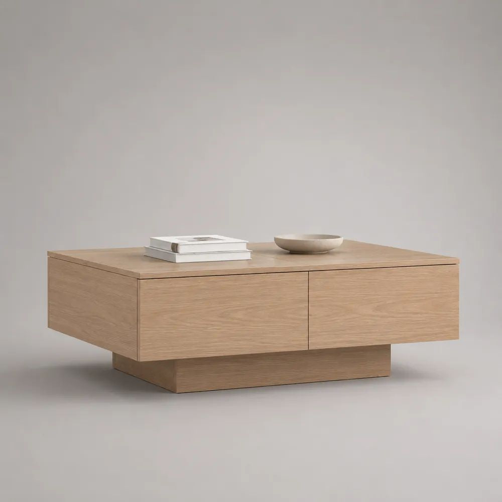 Tavolino rettangolare in MDF impiallacciato rovere naturale con 2 cassetti, 100 × 60 × 40 cm