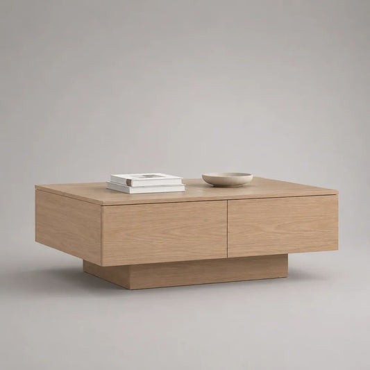 Tavolino rettangolare in MDF impiallacciato rovere naturale con 2 cassetti, 100 × 60 × 40 cm