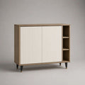 Credenza buffet rettangolare in MDF e pannello truciolare con 2 ante scanalate e 3 vani, bianco e rovere naturale, 120 x 40 x 100 cm