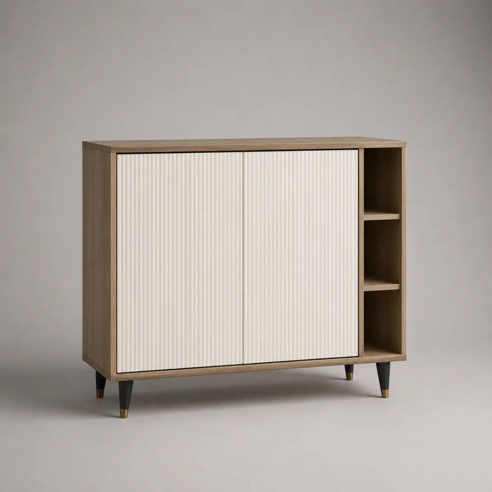 Credenza buffet rettangolare in MDF e pannello truciolare con 2 ante scanalate e 3 vani, bianco e rovere naturale, 120 x 40 x 100 cm
