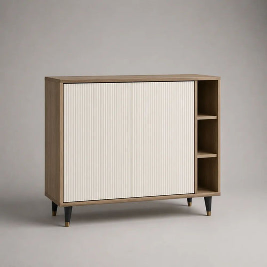 Credenza buffet rettangolare in MDF e pannello truciolare con 2 ante scanalate e 3 vani, bianco e rovere naturale, 120 x 40 x 100 cm
