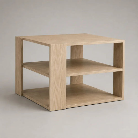 Tavolino quadrato in MDF impiallacciato rovere chiaro con 2 ripiani, 60 x 60 x 50 cm