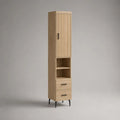 Mobile colonna contenitore in legno con anta scanalata, 2 vani aperti e 2 cassetti, rovere naturale e nero, 40 x 35 x 180 cm