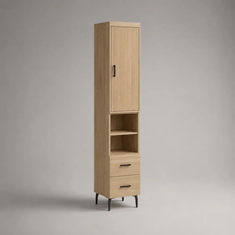 Mobile colonna contenitore in legno con anta scanalata, 2 vani aperti e 2 cassetti, rovere naturale e nero, 40 x 35 x 180 cm