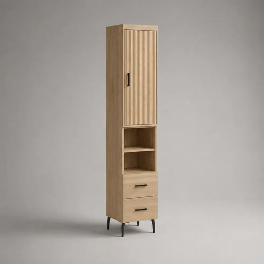 Mobile colonna contenitore in legno con anta scanalata, 2 vani aperti e 2 cassetti, rovere naturale e nero, 40 x 35 x 180 cm