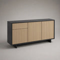 Credenza buffet in MDF impiallacciato con 3 ante e 1 cassetto, nero e rovere naturale, 160 x 40 x 80 cm