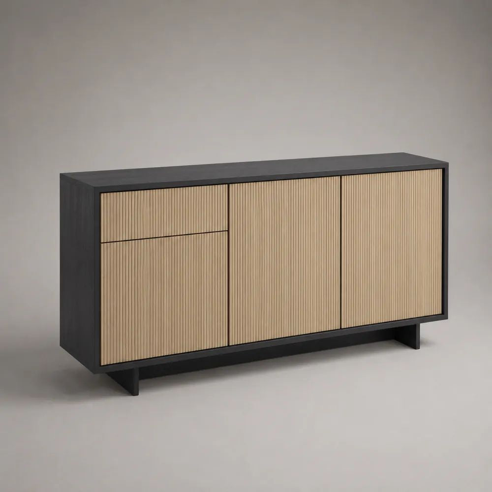 Credenza buffet in MDF impiallacciato con 3 ante e 1 cassetto, nero e rovere naturale, 160 x 40 x 80 cm