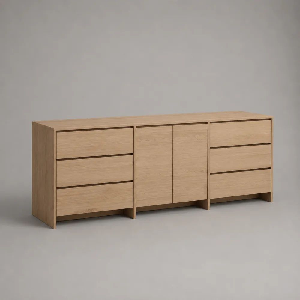Credenza rettangolare in legno, rovere naturale, 6 cassetti e 2 ante, 200 × 40 × 80 cm
