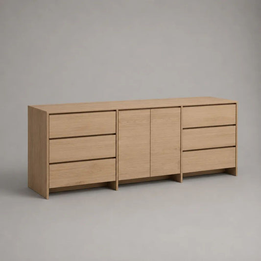 Credenza rettangolare in legno, rovere naturale, 6 cassetti e 2 ante, 200 × 40 × 80 cm