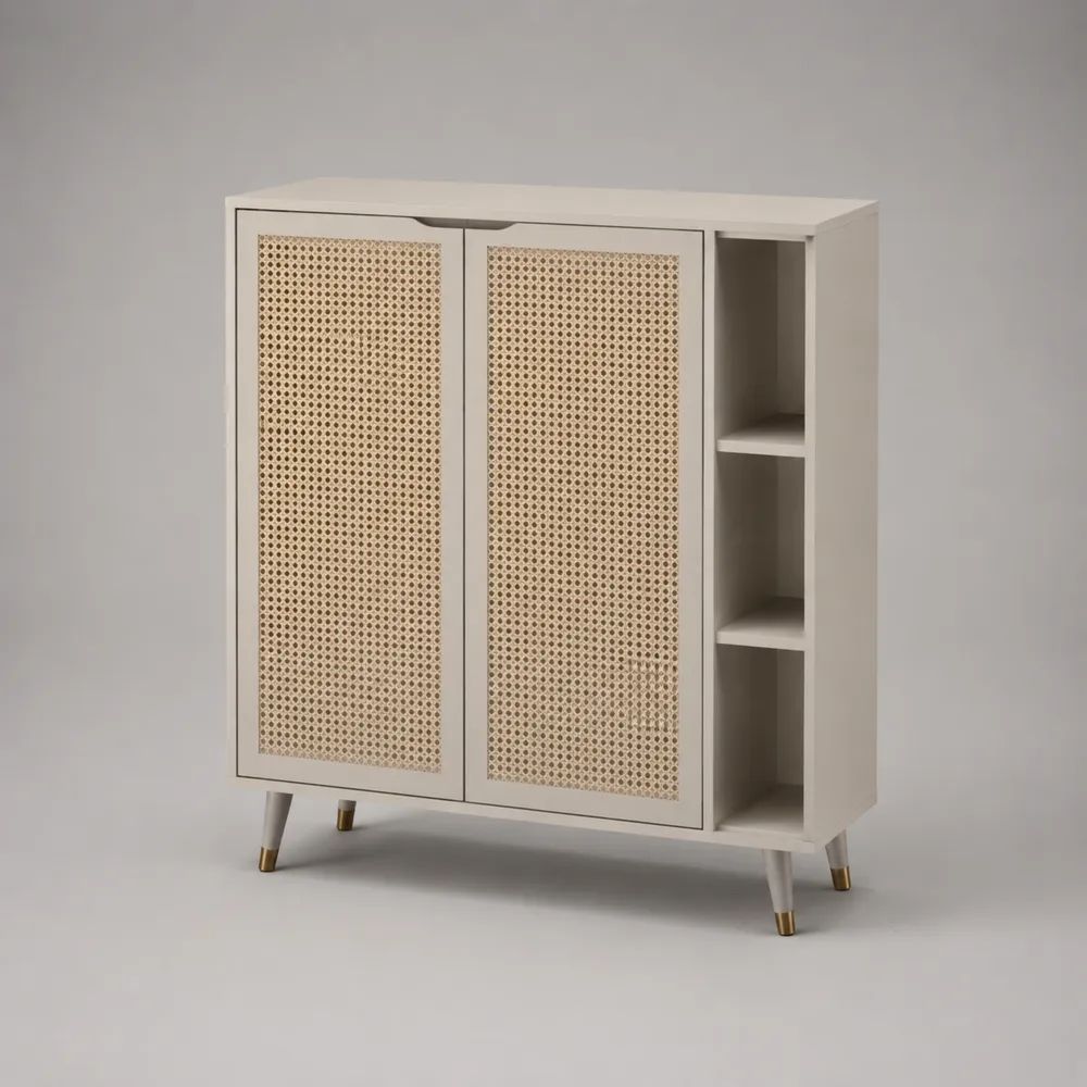 Credenza rettangolare in MDF e rattan intrecciato, bianco, naturale e oro, 100 x 40 x 110 cm