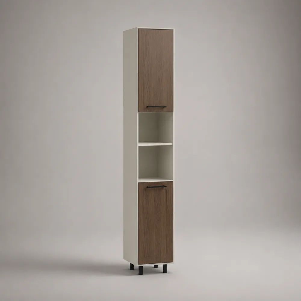 Colonna dispensa da cucina in legno bianco e noce con 2 ante e 2 vani aperti, 30 × 30 × 180 cm