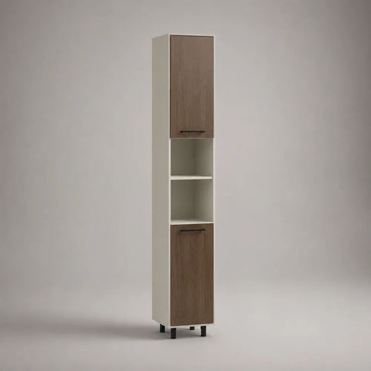 Colonna dispensa da cucina in legno bianco e noce con 2 ante e 2 vani aperti, 30 × 30 × 180 cm
