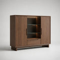 Credenza alta rettangolare in MDF impiallacciato noce con 2 ante, 1 cassetto, 2 ripiani in vetro e illuminazione LED, marrone noce/nero/trasparente, 140 × 40 × 120 cm