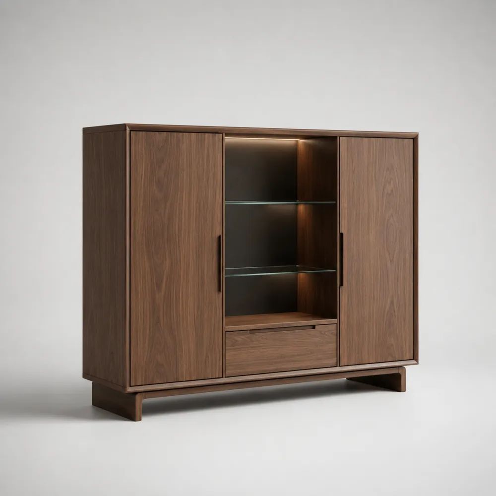 Credenza alta rettangolare in MDF impiallacciato noce con 2 ante, 1 cassetto, 2 ripiani in vetro e illuminazione LED, marrone noce/nero/trasparente, 140 × 40 × 120 cm