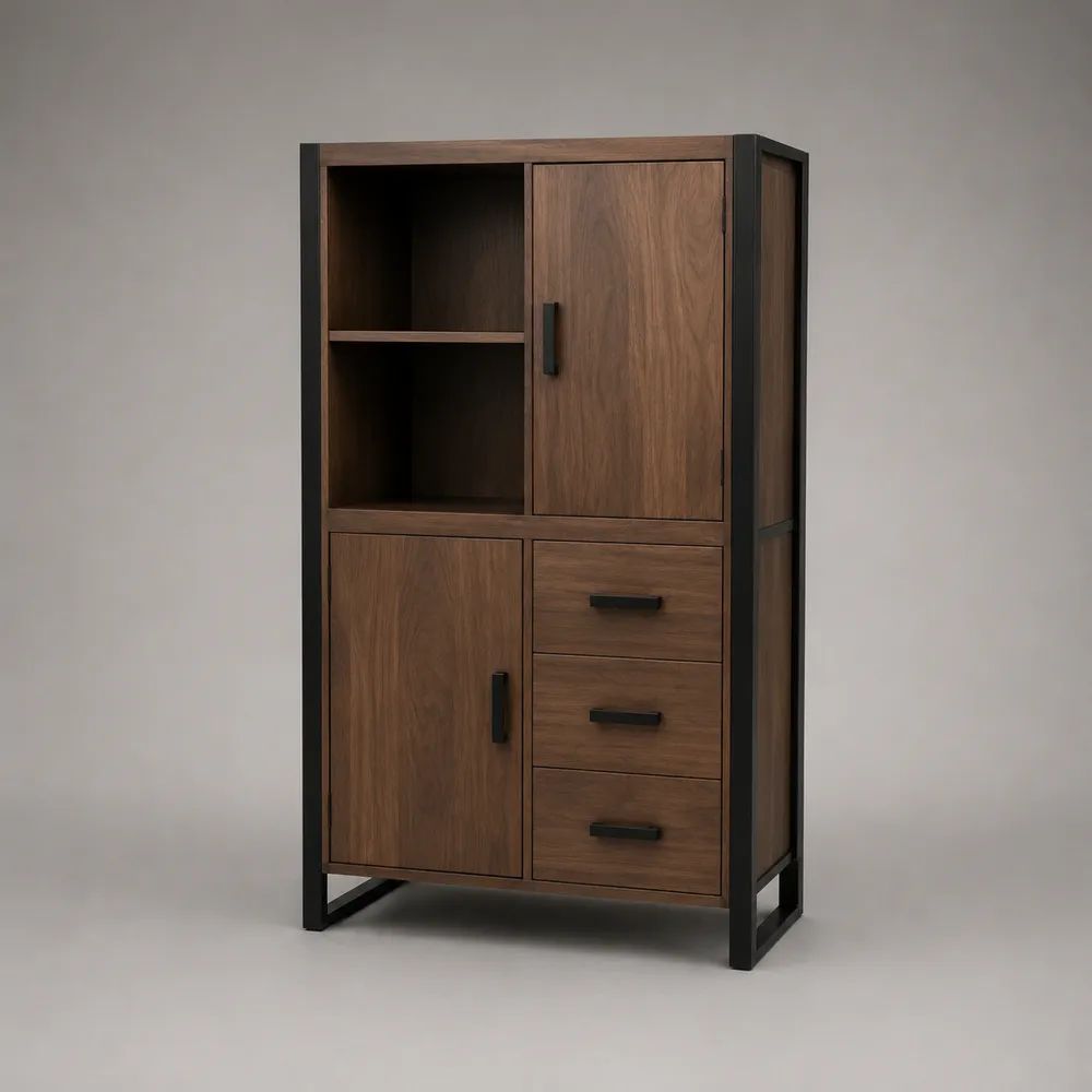 Credenza alta in MDF e acciaio con 2 ante, 3 cassetti e 2 vani aperti, marrone noce e nero, 90 x 40 x 160 cm
