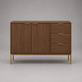 Credenza buffet rettangolare in legno e metallo con 2 ante e 3 cassetti, marrone noce e ottone, 150 x 40 x 90 cm