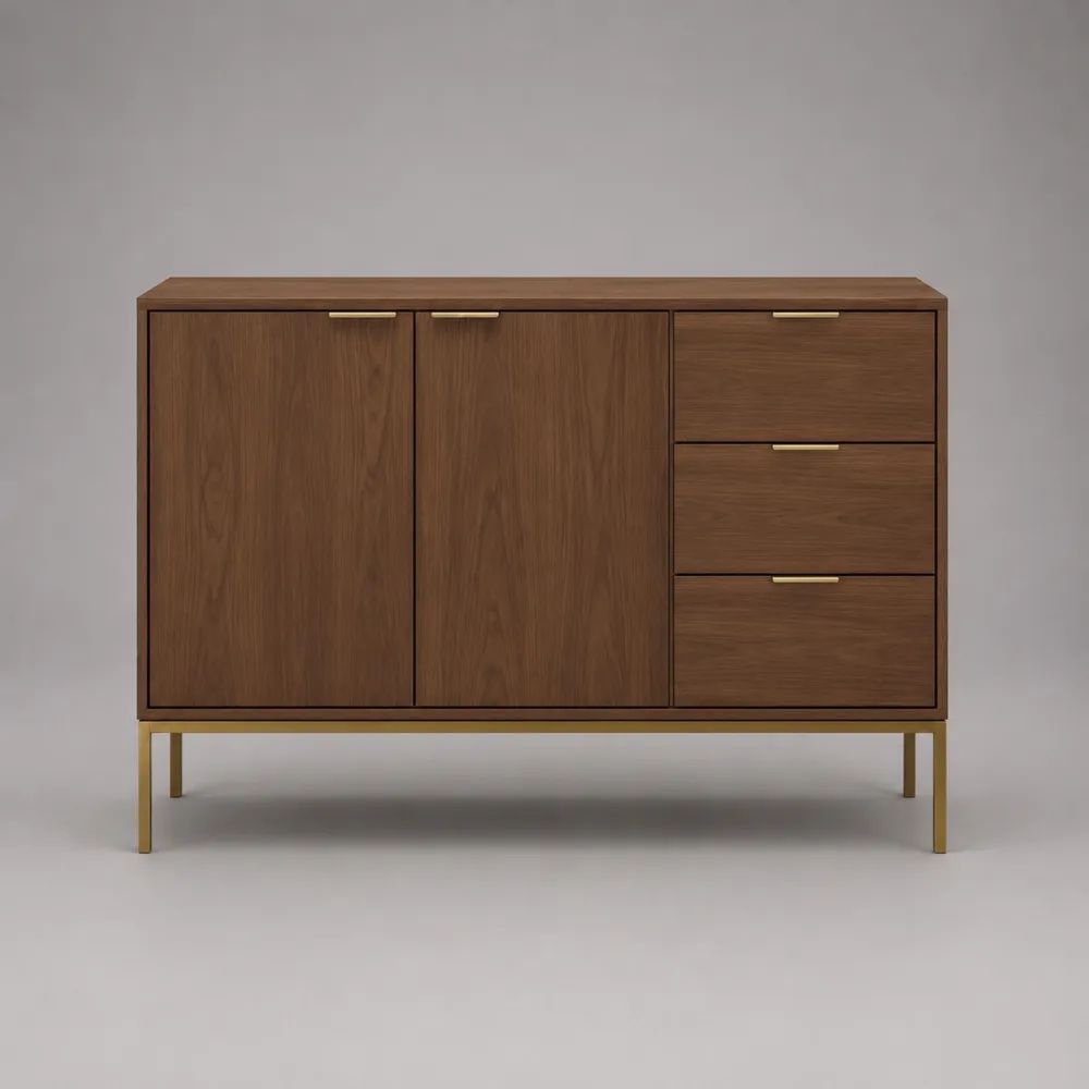 Credenza buffet rettangolare in legno e metallo con 2 ante e 3 cassetti, marrone noce e ottone, 150 x 40 x 90 cm