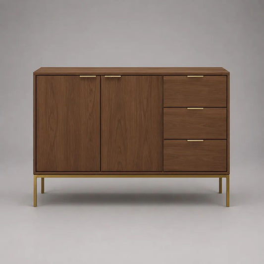 Credenza buffet rettangolare in legno e metallo con 2 ante e 3 cassetti, marrone noce e ottone, 150 x 40 x 90 cm