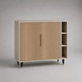 Credenza rettangolare beige e legno naturale con 2 ante scanalate, 3 vani aperti e gambe in metallo, 110 x 40 x 100 cm