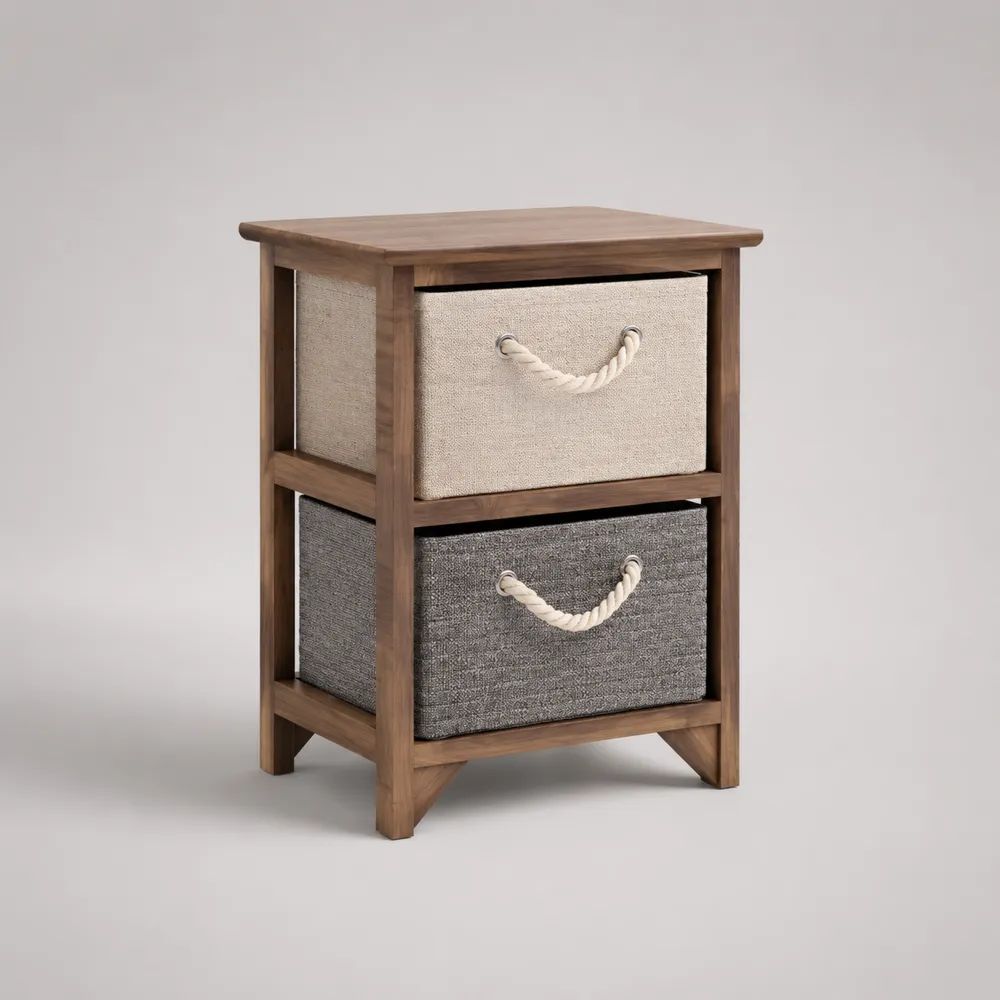 Comodino rettangolare con 2 cassetti in pino massello e tessuto, marrone noce, beige e grigio, 40 x 30 x 60 cm