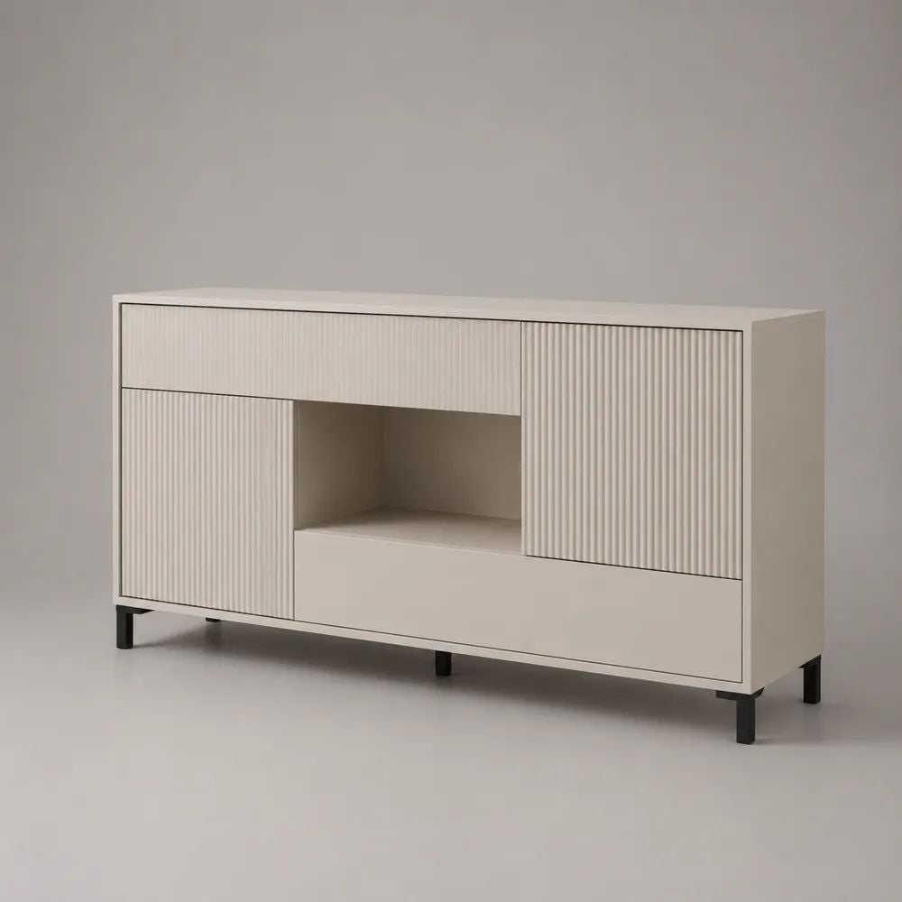 Credenza rettangolare beige in MDF con 2 ante, 2 cassetti e vano aperto, 120 x 40 x 80 cm