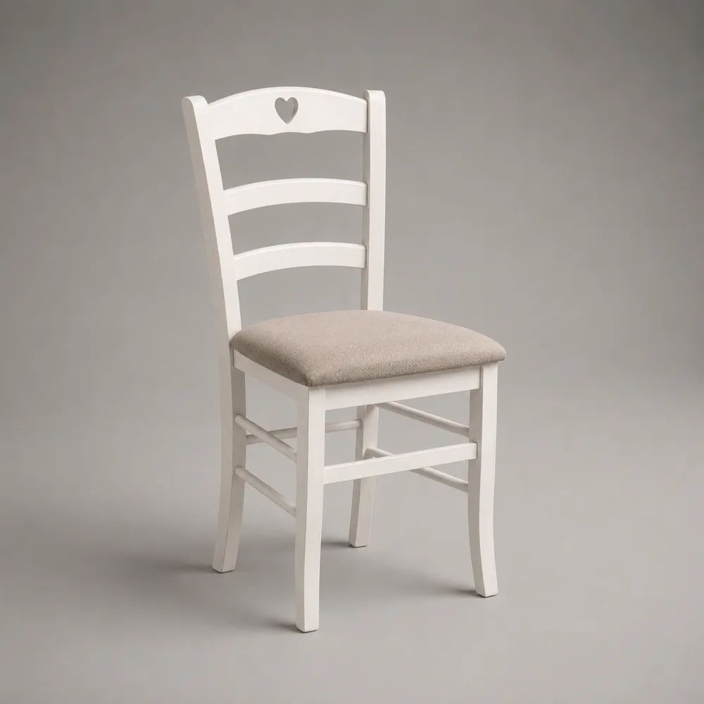 Sedia da pranzo imbottita in legno e tessuto, bianca e beige, 43 × 48 × 96 cm