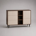 Credenza rettangolare in MDF con 5 cassetti e 3 vani aperti, beige e marrone, 120 × 40 × 90 cm