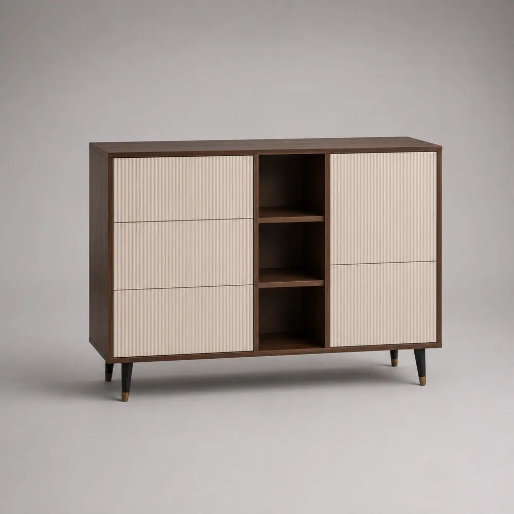 Credenza rettangolare in MDF con 5 cassetti e 3 vani aperti, beige e marrone, 120 × 40 × 90 cm