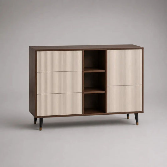 Credenza rettangolare in MDF con 5 cassetti e 3 vani aperti, beige e marrone, 120 × 40 × 90 cm