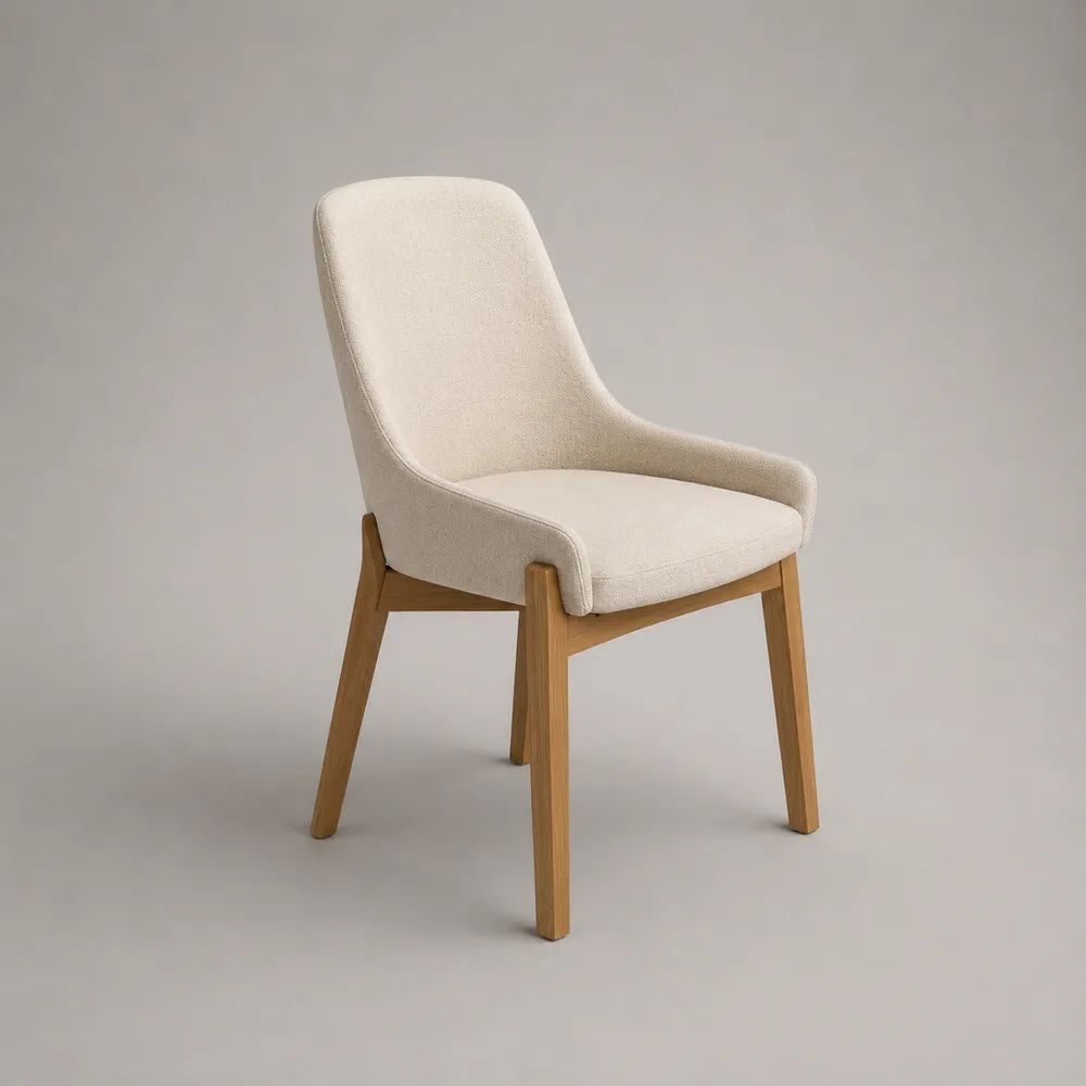 Sedia da pranzo imbottita avorio con braccioli e gambe in legno, 56 x 60 x 86 cm
