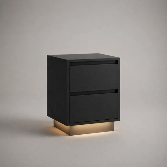 Comodino rettangolare in MDF e acciaio con 2 cassetti e luce LED, nero e oro, 45 x 40 x 60 cm