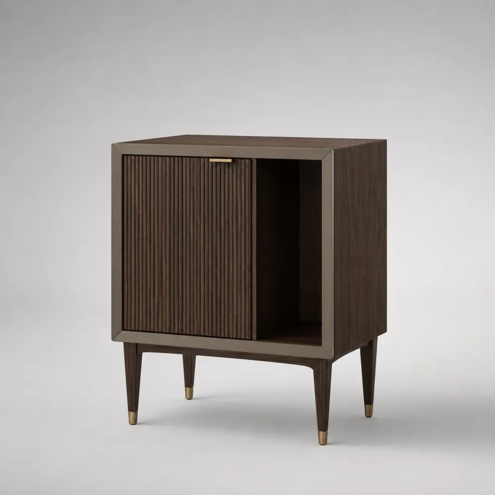 Comodino alto rettangolare in MDF impiallacciato noce marrone scuro con 2 ante scorrevoli e vano aperto, 70 x 40 x 80 cm