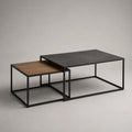 Set di 2 tavolini da salotto rettangolari a incastro in MDF e acciaio nero, 90 × 60 × 42 cm e 60 × 50 × 36 cm