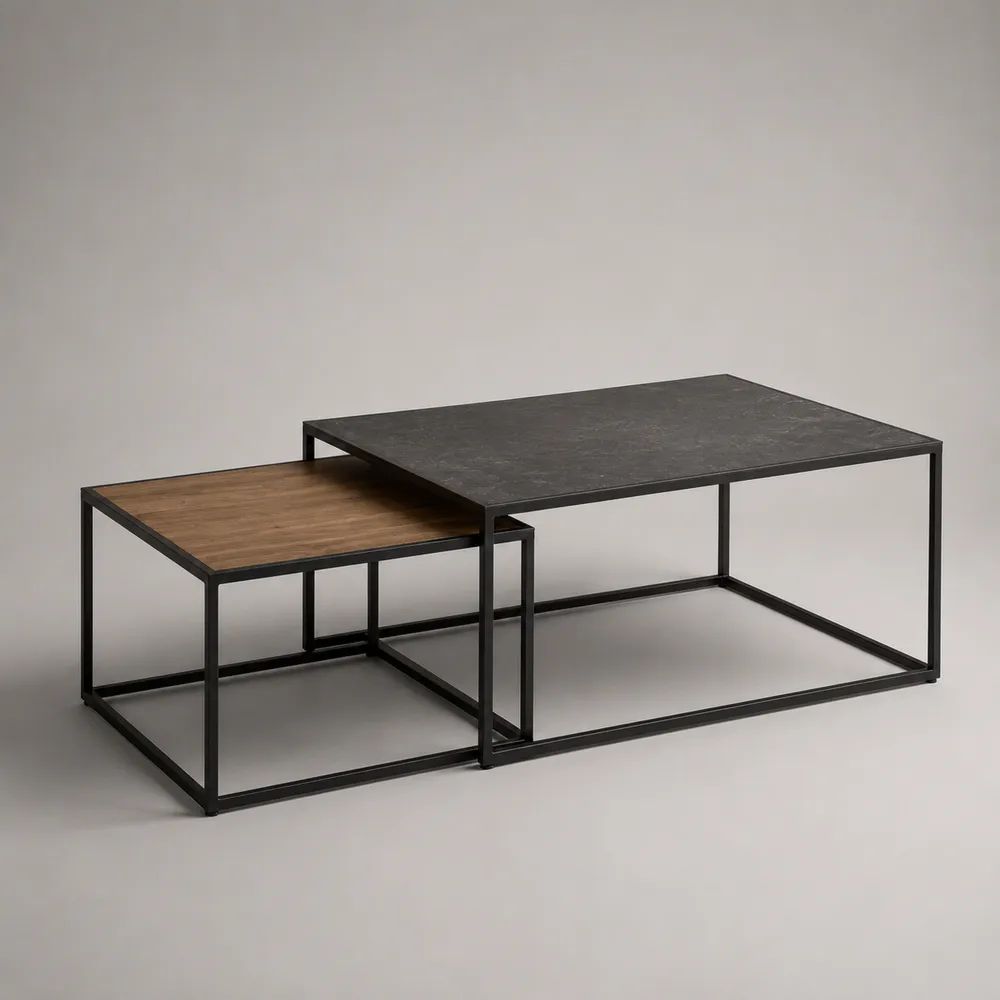 Set di 2 tavolini da salotto rettangolari a incastro in MDF e acciaio nero, 90 × 60 × 42 cm e 60 × 50 × 36 cm