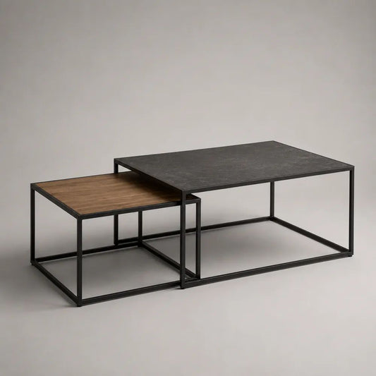 Set di 2 tavolini da salotto rettangolari a incastro in MDF e acciaio nero, 90 × 60 × 42 cm e 60 × 50 × 36 cm