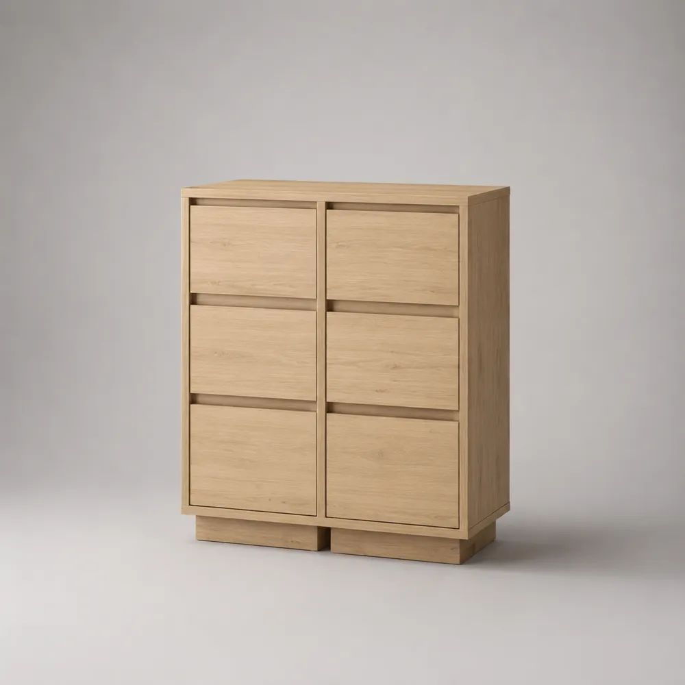 Credenza alta rettangolare in MDF impiallacciato rovere naturale con 6 cassetti, 90 x 40 x 120 cm